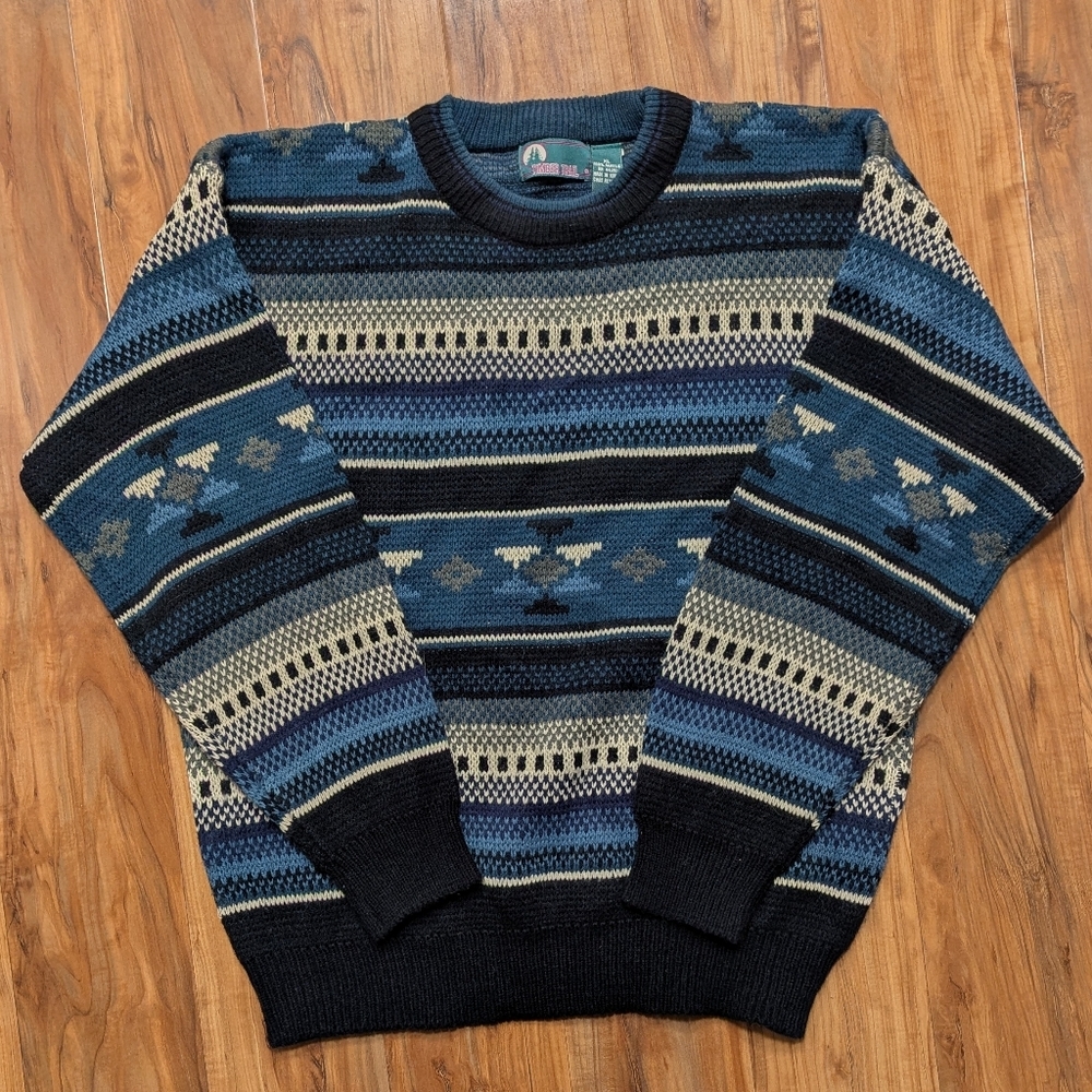 Timber Trail Men's XL VTG Grandpa Crewneck Sweater‎ 90s Blue Aztec Pattern Knit
